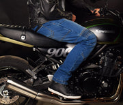 4SR motorcycle jeans Club Sport Blue side photo on motorbike