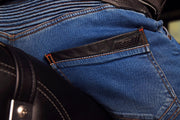 4SR motorcycle jeans Club Sport Blue back pocket logo